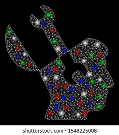 Bright mesh mind wrench tools with glow effect. White wire carcass polygonal mesh in vector format on a black background. Abstract 2d mesh built from polygonal grid, round dots, colorful flash spots.