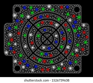 Bright mesh mining ASIC device with lightspot effect. White wire carcass triangular mesh in vector format on a black background. Abstract 2d mesh designed with triangular lines, small circle,