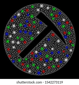 Bright mesh mining hammer with glare effect. White wire frame polygonal network in vector format on a black background. Abstract 2d mesh designed with polygonal grid, points, colored flash spots.