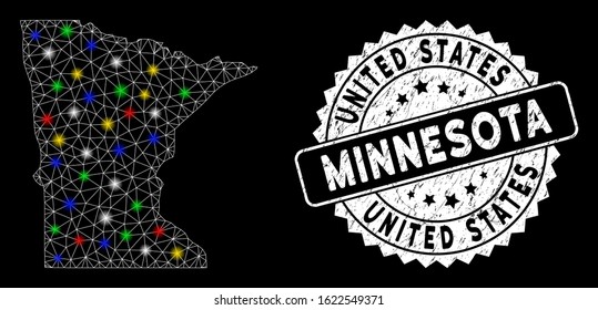 Bright mesh Minnesota State map with glare effect, and stamp. Wire frame triangular Minnesota State map mesh in vector format on a black background. White round seal stamp with dirty texture.