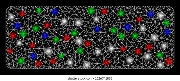 Bright mesh minus with glow effect. White wire carcass triangular mesh in vector format on a black background. Abstract 2d mesh designed with triangular lines, round dots, colorful flash spots.