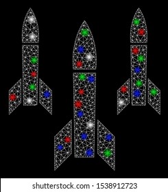 Bright mesh missiles with lightspot effect. White wire carcass triangular mesh in vector format on a black background. Abstract 2d mesh designed with triangular lines, dots, colorful flare spots.