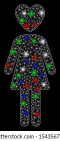Bright mesh mistress with glare effect. White wire frame polygonal mesh in vector format on a black background. Abstract 2d mesh designed with triangles, dots, colorful flash spots.