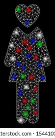 Bright mesh mistress with glare effect. White wire carcass triangular network in vector format on a black background. Abstract 2d mesh designed with triangular lines, small circle,