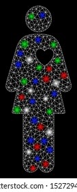 Bright mesh mistress with glow effect. White wire carcass triangular mesh in vector format on a black background. Abstract 2d mesh designed with triangular lines, round dots, colorful light spots.
