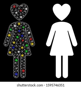 Bright mesh mistress icon with glow effect. Abstract illuminated model of mistress. Shiny wire frame triangular mesh mistress icon. Vector abstraction on a black background.