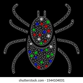 Bright mesh mite tick with glow effect. White wire carcass polygonal mesh in vector format on a black background. Abstract 2d mesh designed with polygonal grid, dots, colored glare spots.