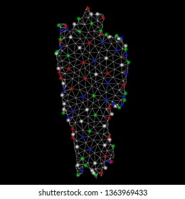 Bright mesh Mizoram State map with lightspot effect. Wire carcass triangular mesh in vector format on a black background. Abstract 2d mesh designed with triangular lines, spheric points,