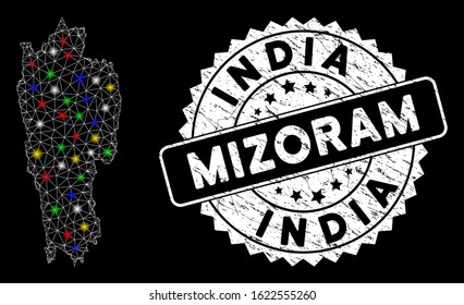 Bright mesh Mizoram State map with lightspot effect, and seal stamp. Wire carcass triangular Mizoram State map network in vector format on a black background.