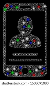 Bright mesh mobile account with glow effect. White wire carcass polygonal mesh in vector format on a black background. Abstract 2d mesh designed with polygonal grid, points, colored flare spots.