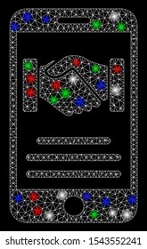 Bright mesh mobile agreement handshake with lightspot effect. White wire carcass triangular mesh in vector format on a black background. Abstract 2d mesh designed with triangular lines, points,
