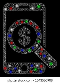 Bright mesh mobile audit with glare effect. White wire carcass polygonal mesh in vector format on a black background. Abstract 2d mesh designed with polygonal grid, small circle, colored glare spots.