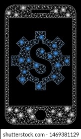 Bright mesh mobile bank setup with glow effect. Abstract illuminated model of mobile bank setup icon. Shiny wire frame polygonal mesh mobile bank setup. Vector abstraction on a black background.