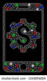 Bright mesh mobile bank setup with glare effect. White wire carcass triangular mesh in vector format on a black background. Abstract 2d mesh built from triangular lines, points, colorful glare spots.