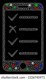 Bright mesh mobile checklist with glow effect. White wire carcass triangular mesh in vector format on a black background. Abstract 2d mesh designed with triangular lines, round dots,