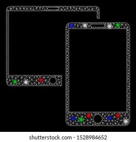 Bright mesh mobile devices with lightspot effect. White wire carcass polygonal mesh in vector format on a black background. Abstract 2d mesh designed with polygonal grid, dots, colorful glare spots.