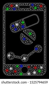 Bright mesh mobile drugstore chart with lightspot effect. White wire carcass triangular mesh in vector format on a black background. Abstract 2d mesh designed with triangular lines, dots,