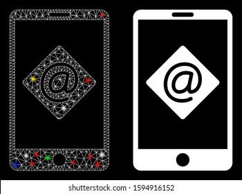 Bright mesh mobile email icon with glare effect. Abstract illuminated model of mobile email. Shiny wire carcass polygonal network mobile email icon. Vector abstraction on a black background.