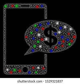 Bright mesh mobile financial message with glare effect. White wire frame polygonal network in vector format on a black background. Abstract 2d mesh built from polygonal grid, dots,