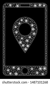 Bright mesh mobile GPS with lightspot effect. Abstract illuminated model of mobile GPS icon. Shiny wire carcass polygonal mesh mobile GPS. Vector abstraction on a black background.
