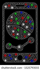 Bright mesh mobile graphs with glare effect. White wire carcass triangular mesh in vector format on a black background. Abstract 2d mesh designed with triangular lines, dots, colored flare spots.