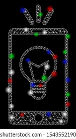 Bright mesh mobile lamp light with lightspot effect. White wire frame polygonal mesh in vector format on a black background. Abstract 2d mesh created from polygonal grid, points, colorful flash spots.