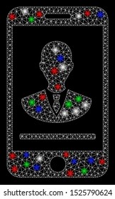 Bright mesh mobile manager contact with glare effect. White wire carcass polygonal mesh in vector format on a black background. Abstract 2d mesh built from triangles, points, colorful glare spots.