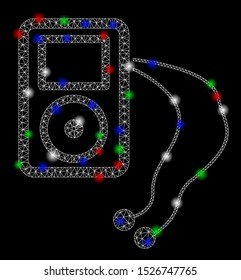 Bright mesh mobile media player with glare effect. White wire frame triangular mesh in vector format on a black background. Abstract 2d mesh designed with triangular lines, spheric points,