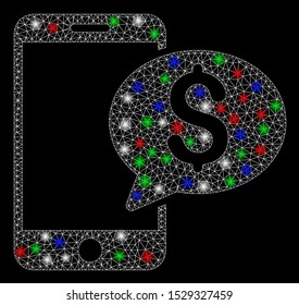 Bright mesh mobile money message with glow effect. White wire carcass polygonal mesh in vector format on a black background. Abstract 2d mesh designed with polygonal grid, points,