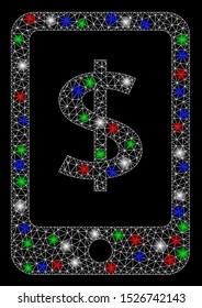 Bright mesh mobile payment with glare effect. White wire frame triangular mesh in vector format on a black background. Abstract 2d mesh built from polygonal grid, round dots, colored glare spots.