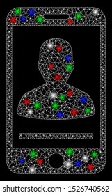 Bright mesh mobile person contact with glow effect. White wire frame polygonal mesh in vector format on a black background. Abstract 2d mesh designed with triangles, round dots, colorful flare spots.