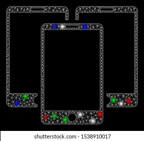 Bright mesh mobile phones with glare effect. White wire frame polygonal network in vector format on a black background. Abstract 2d mesh created from polygonal grid, dots, colorful flash spots.