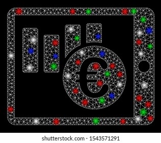 Bright mesh mobile report with glow effect. White wire frame triangular mesh in vector format on a black background. Abstract 2d mesh created from triangular lines, spheric points,