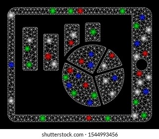 Bright mesh mobile report with lightspot effect. White wire frame triangular mesh in vector format on a black background. Abstract 2d mesh built from triangular lines, small circle,