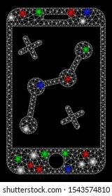 Bright mesh mobile route map with glow effect. White wire frame triangular mesh in vector format on a black background. Abstract 2d mesh built from triangular lines, small circle, colored glare spots.