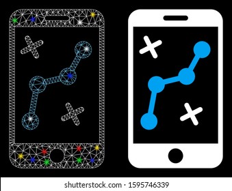 Bright mesh mobile route map icon with glitter effect. Abstract illuminated model of mobile route map. Shiny wire frame triangular mesh mobile route map icon. Vector abstraction on a black background.