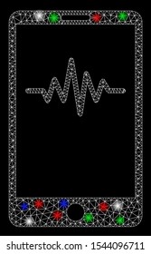 Bright mesh mobile signal graph with lightspot effect. White wire carcass triangular mesh in vector format on a black background. Abstract 2d mesh designed with triangular lines, spheric points,