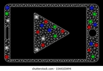 Bright mesh mobile start play with glow effect. White wire carcass polygonal mesh in vector format on a black background. Abstract 2d mesh built from polygonal grid, points, colored flash spots.