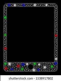 Bright mesh mobile tablet with lightspot effect. White wire frame polygonal mesh in vector format on a black background. Abstract 2d mesh designed with triangular lines, points, colorful light spots.