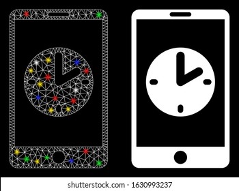 Bright mesh mobile time icon with glow effect. Abstract illuminated model of mobile time. Shiny wire carcass polygonal mesh mobile time icon. Vector abstraction on a black background.