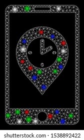 Bright mesh mobile time pointer with glare effect. White wire frame polygonal mesh in vector format on a black background. Abstract 2d mesh designed with polygonal grid, dots, colorful glare spots.