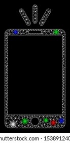 Bright mesh mobile torch with glare effect. White wire frame polygonal mesh in vector format on a black background. Abstract 2d mesh built from polygonal grid, spheric points, colored glare spots.