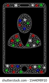 Bright mesh mobile user profile with glare effect. White wire frame triangular mesh in vector format on a black background. Abstract 2d mesh designed with triangular lines, round dots,