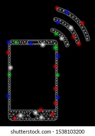 Bright mesh mobile Wi-Fi signal with glow effect. White wire carcass triangular mesh in vector format on a black background. Abstract 2d mesh designed with triangular lines, small circle,