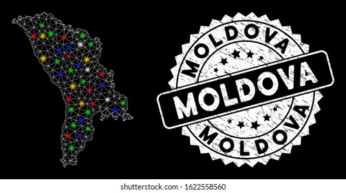 Bright mesh Moldova map with glare effect, and stamp. Wire carcass triangular Moldova map mesh in vector format on a black background. White round rubber stamp with grunge texture.