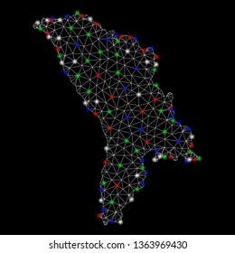 Bright mesh Moldova map with lightspot effect. Wire carcass polygonal mesh in vector format on a black background. Abstract 2d mesh designed with triangles, spheric points, colored flare spots.