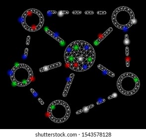 Bright mesh molecule links with glow effect. White wire frame polygonal mesh in vector format on a black background. Abstract 2d mesh designed with polygonal grid, small circle, colorful light spots.