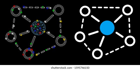 Bright mesh molecule links icon with glow effect. Abstract illuminated model of molecule links. Shiny wire carcass triangular mesh molecule links icon. Vector abstraction on a black background.