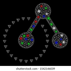 Bright mesh molecule structure analysis with glare effect. White wire frame polygonal mesh in vector format on a black background. Abstract 2d mesh designed with polygonal grid, points,