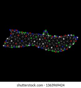 Bright mesh Molokai Island map with glare effect. Wire carcass triangular mesh in vector format on a black background. Abstract 2d mesh designed with triangular lines, small circle,